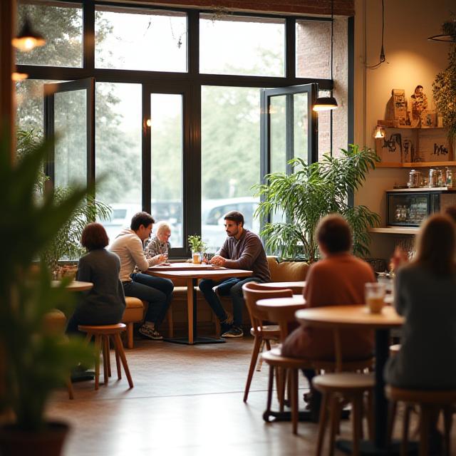 Interior acogedor del café con clientes leyendo y disfrutando del ambiente tranquilo